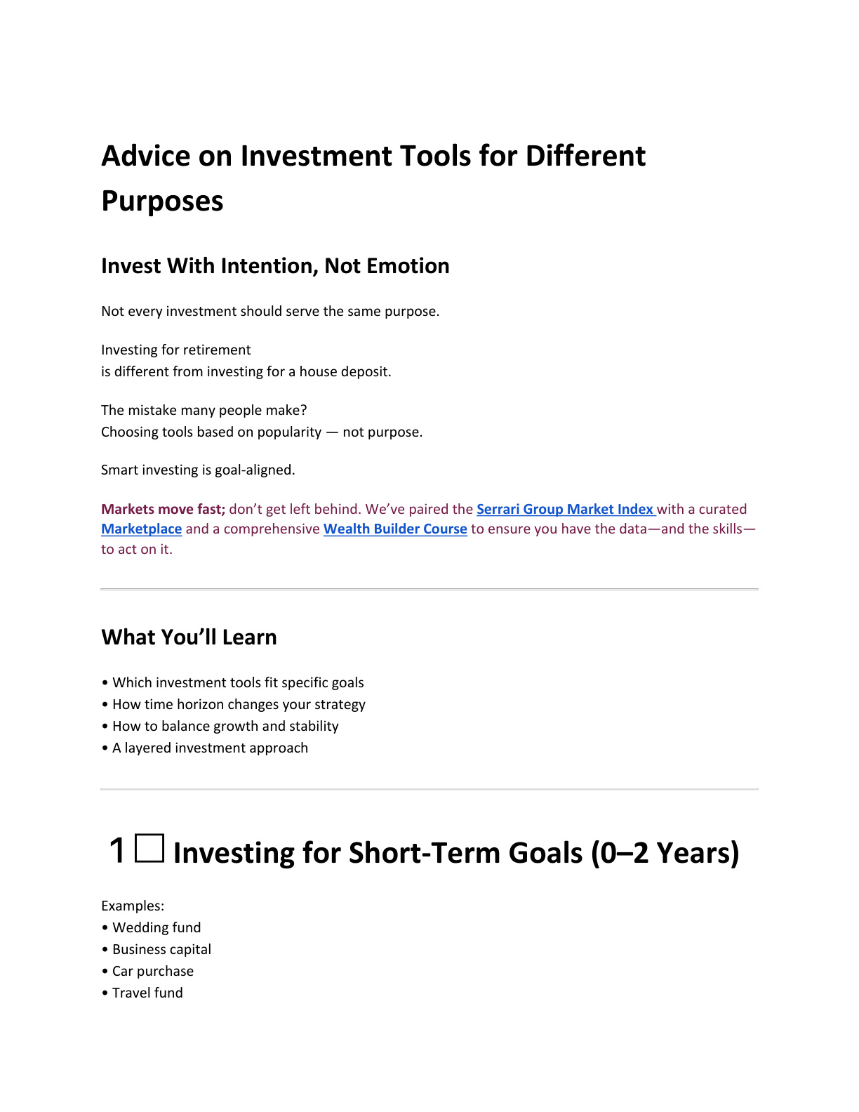 Advice on Investment Tools for Different Purposes cover