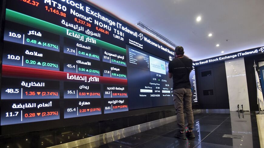 This picture taken December 12, 2019 shows a view of the board at the Stock Exchange Market (Tadawul) bourse in Riyadh. - Energy giant Saudi Aramco's market value soared above $2 trillion as its share price surged again on its second day of trading. The valuation milestone was sought by Saudi Crown Prince Mohammed bin Salman when he first floated the idea of selling up to five percent of Aramco, the world's largest oil firm, about four years ago. Aramco shares jumped another 9.7 percent to 38.60 riyals ($10.3) on Thursday morning, following a 10-percent rise the previous day. (Photo by FAYEZ NURELDINE / AFP) (Photo by FAYEZ NURELDINE/AFP via Getty Images)