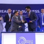 Ethiopia celebrating a $13 billion investment deal haul, with visuals of business leaders, financial charts, and infrastructure projects, highlighting investor surprise and economic optimism.