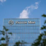 Fannie Mae integrating cryptocurrency into mortgage financing, with visuals of digital coins, housing assets, and blockchain technology signaling a new era in housing finance.