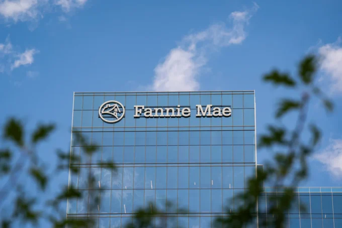 Fannie Mae integrating cryptocurrency into mortgage financing, with visuals of digital coins, housing assets, and blockchain technology signaling a new era in housing finance.