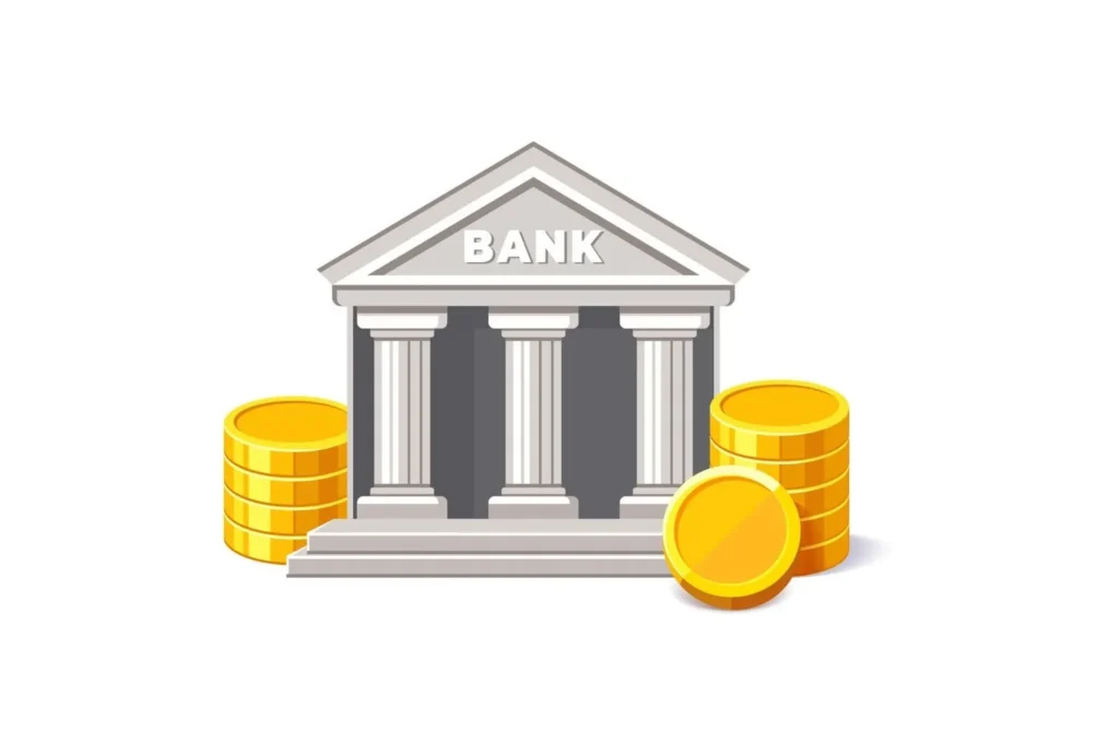 Illustration of a traditional bank savings account with a bank building, coins, and a passbook or mobile app, representing safe storage of money, easy access, and modest interest earnings.