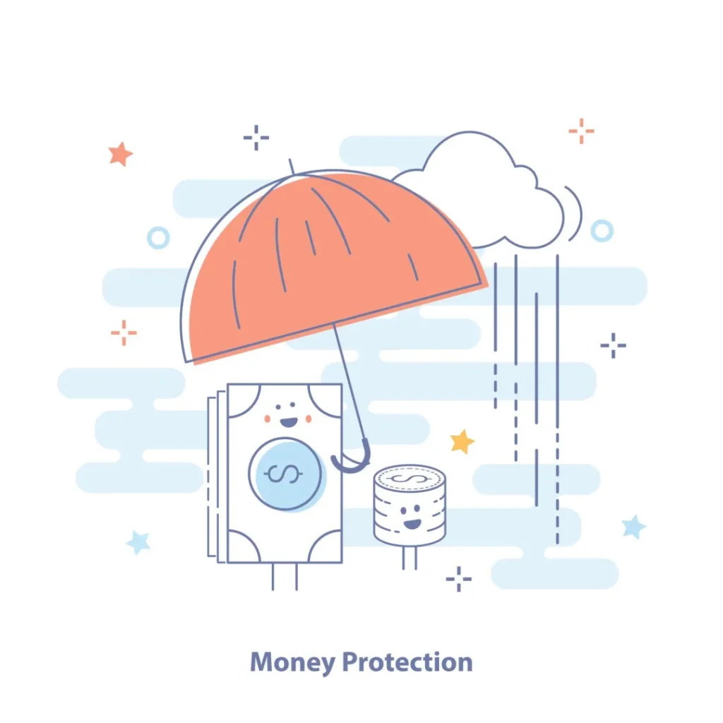 Illustration of a protective shield over money and assets, symbolizing insurance as a risk management tool that safeguards against financial loss and unexpected events.