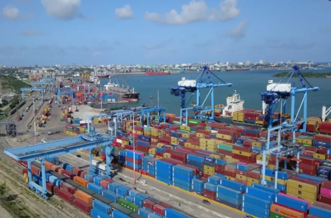 Kenya launching a large-scale marine hub on the coast, featuring port infrastructure, shipping vessels, and industrial development, highlighting initiatives to drive coastal economic growth.