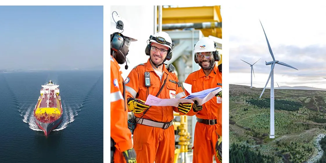 TotalEnergies reducing emissions with visuals of renewable energy projects, carbon reduction charts, and cleaner energy infrastructure, signaling a key transition in the global energy sector.