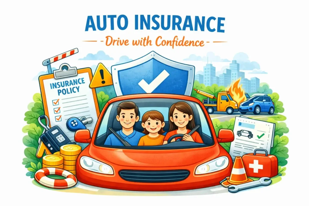 Auto insurance policy showing vehicle protection, accident coverage, and financial support for repairs and liability claims