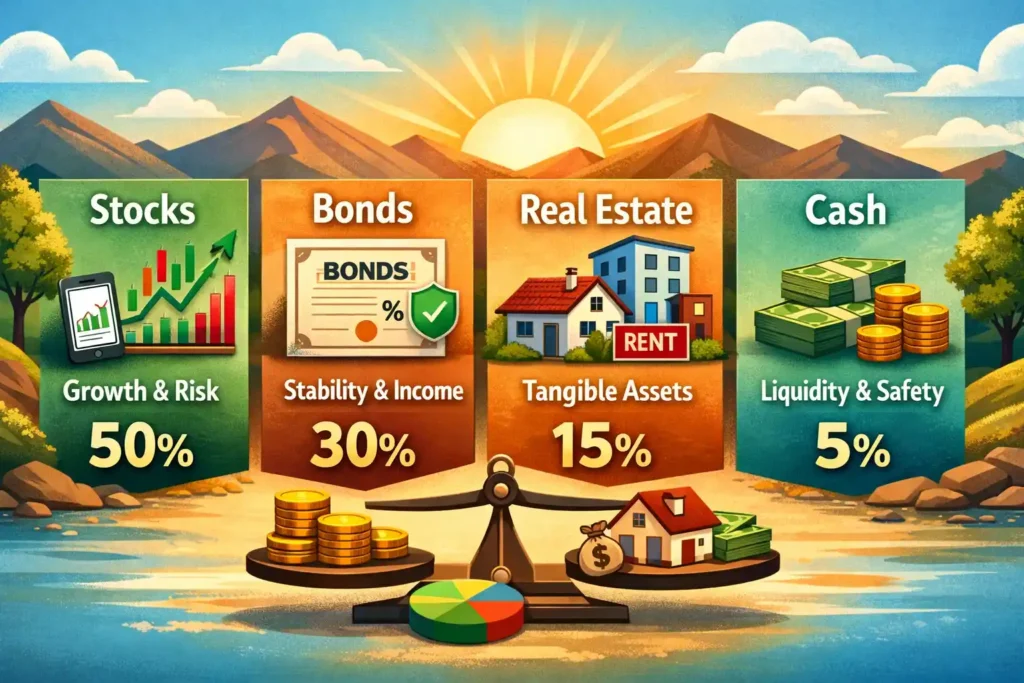 Balanced investment portfolio explanation showing diversified asset allocation across stocks bonds and cash for stable long term returns