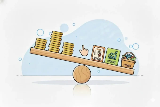 Investment portfolio balancing concept showing diversification across asset classes to manage risk and improve long term financial stability
