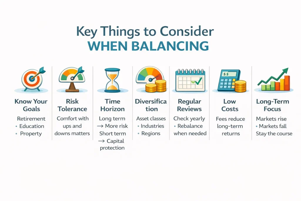 Key factors for balancing an investment portfolio showing risk tolerance, return expectations, time horizon, and diversification strategy for financial planning