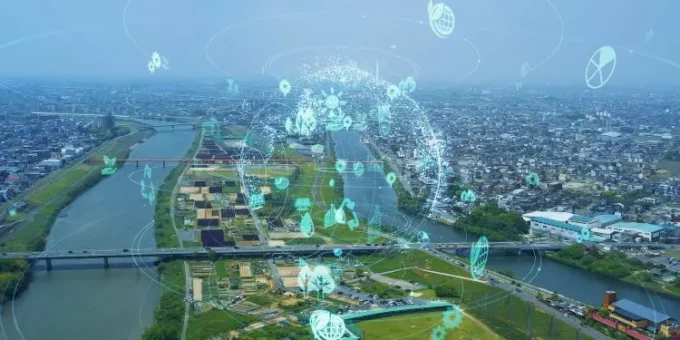 Illustration of seaports adopting green technologies, with cranes, ships, and renewable energy systems, highlighting a transforming carbon strategy turning traditional ports into environmentally sustainable “green machines.”