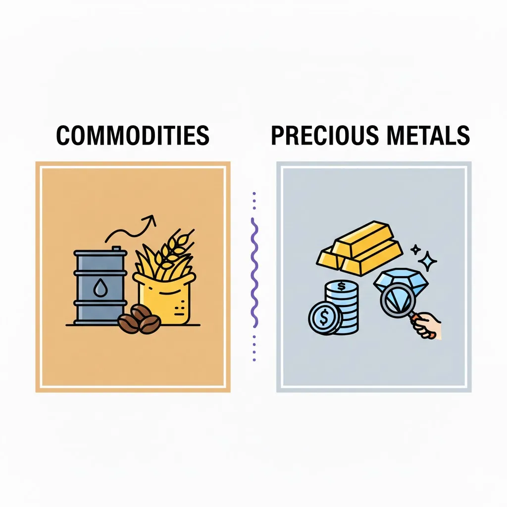 Commodities and precious metals investment showing gold silver and raw materials used for portfolio diversification and inflation protection