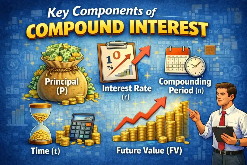 Key components of compound interest showing principal amount interest rate time period and reinvested earnings driving long term investment growth