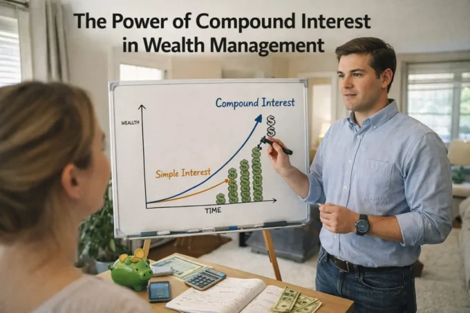 Compound interest in wealth management showing reinvested returns growing investment value over time for long term financial growth and portfolio accumulation