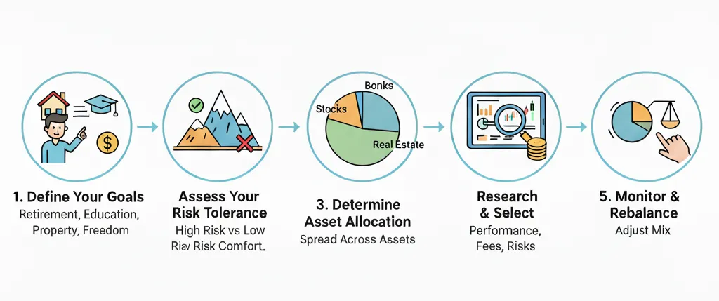 Step by step guide to building an investment portfolio showing asset selection, diversification, risk management, and long term wealth planning