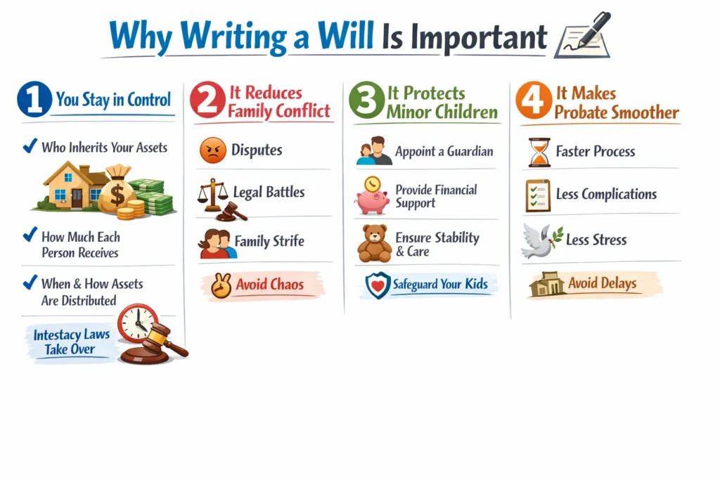 Importance of writing a will showing estate planning benefits, asset distribution clarity, and protection of beneficiaries through legal documentation