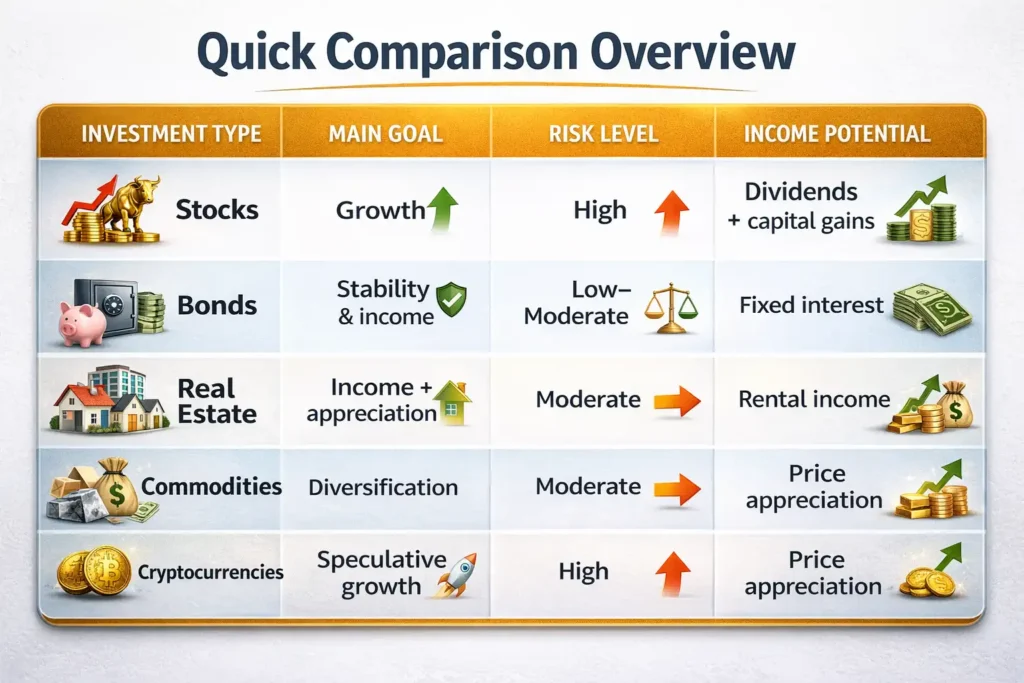 Quick comparison of investment options including stocks bonds real estate commodities and cryptocurrencies showing risk and return differences for portfolio selection