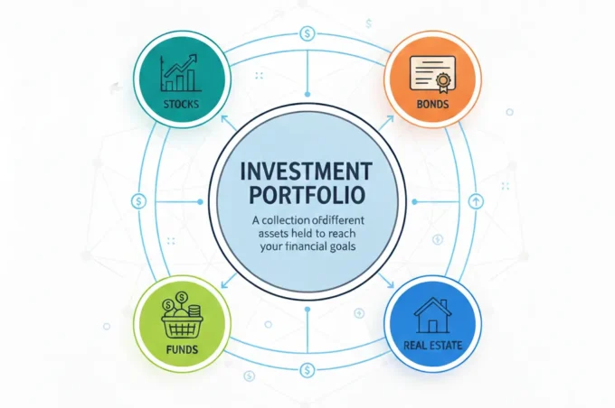 Investment portfolio overview showing asset allocation, diversification across stocks bonds and cash, and balanced financial growth strategy
