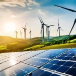 Grenergy issuing a €170 million green bond, with solar farms, wind energy infrastructure, and financial charts, signaling strong momentum in renewable energy investment.