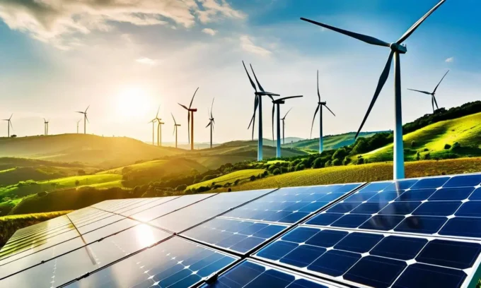 Grenergy issuing a €170 million green bond, with solar farms, wind energy infrastructure, and financial charts, signaling strong momentum in renewable energy investment.