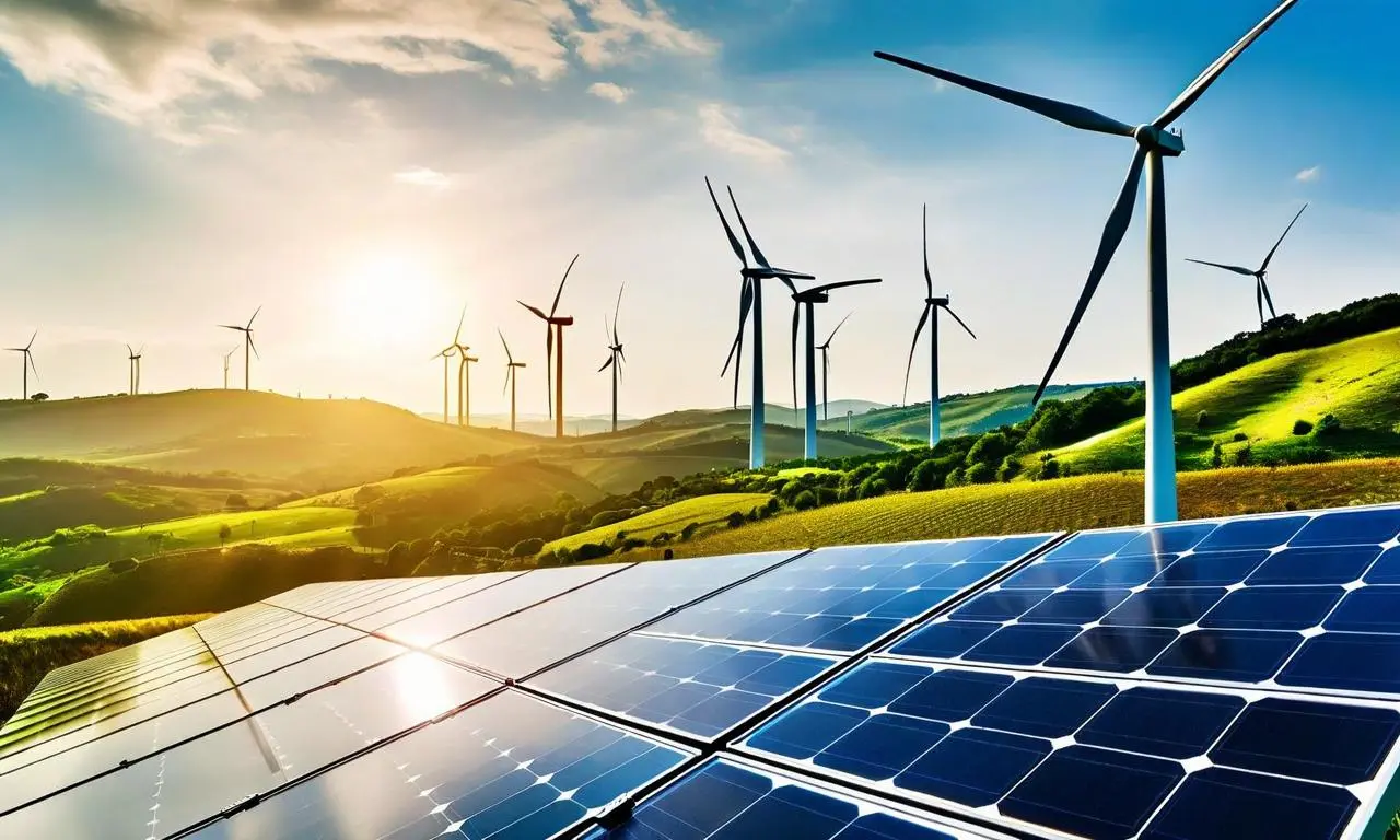 Grenergy issuing a €170 million green bond, with solar farms, wind energy infrastructure, and financial charts, signaling strong momentum in renewable energy investment.