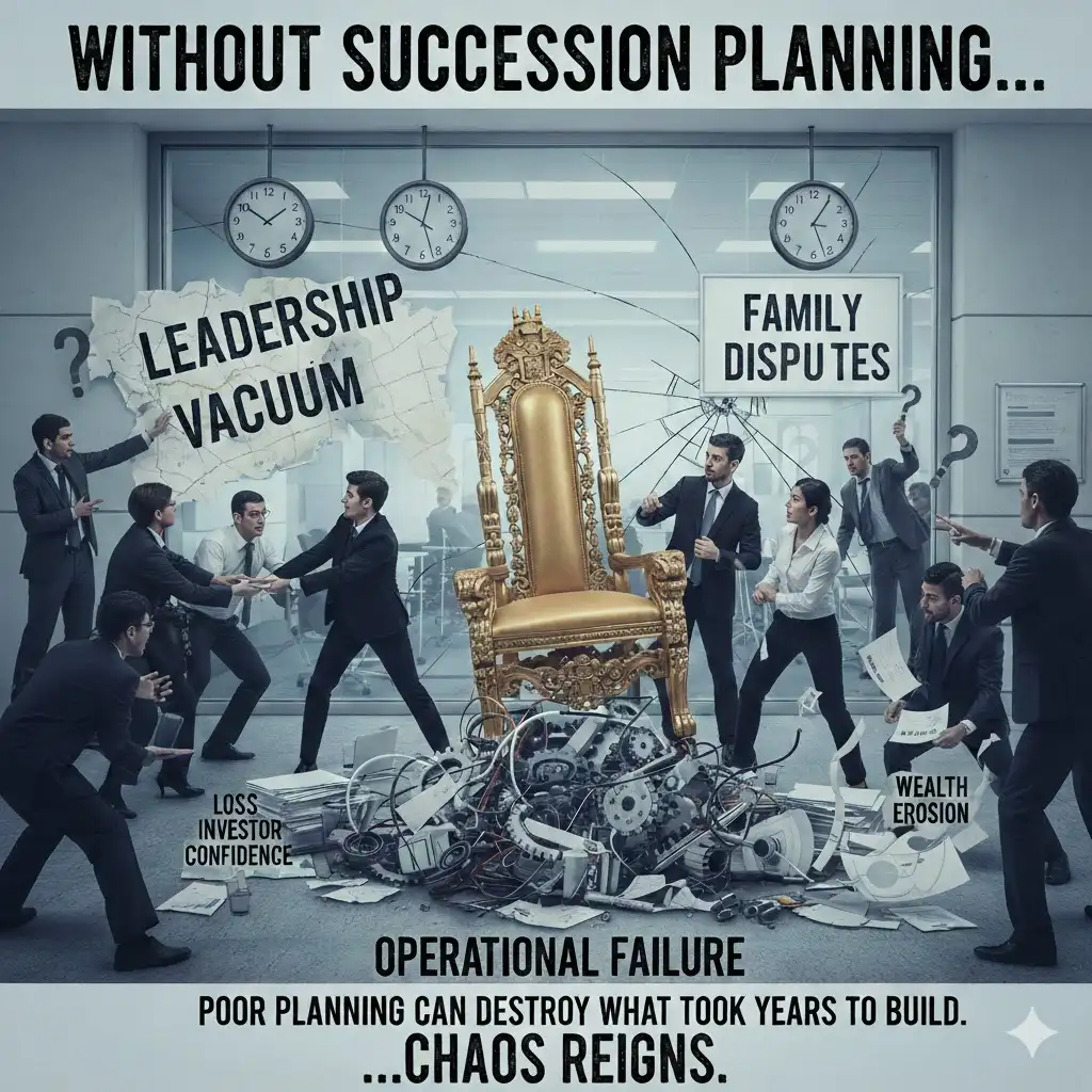 Consequences of missing succession planning showing estate disputes, asset loss, delayed inheritance, and legal complications in wealth transfer