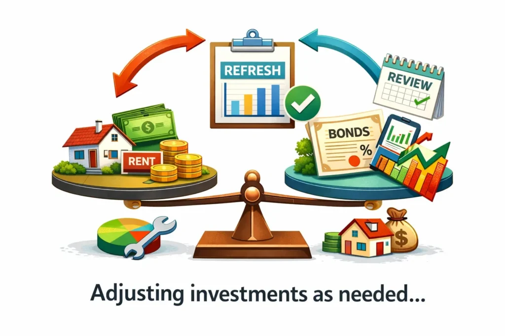 Portfolio rebalancing concept showing adjustment of investment asset allocation to maintain target risk level and long term financial strategy