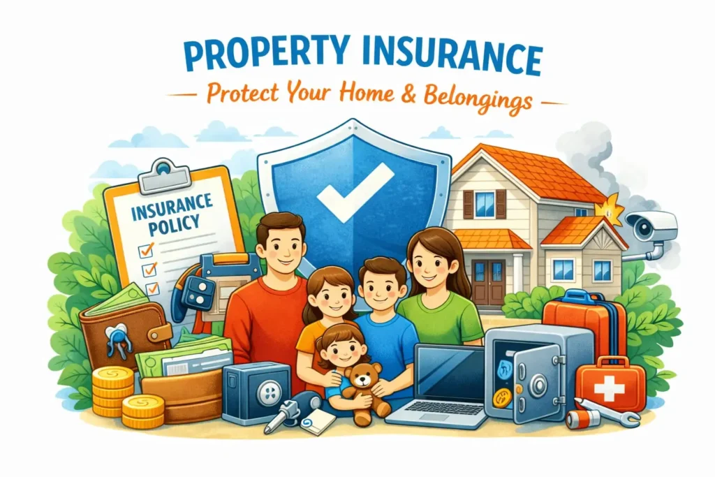 Property insurance coverage showing home protection, asset security, and financial coverage against damage, theft, and natural disasters