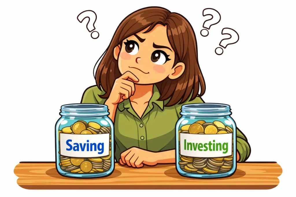 Financial decision guide comparing saving and investing options for money management, risk levels, and long term wealth planning