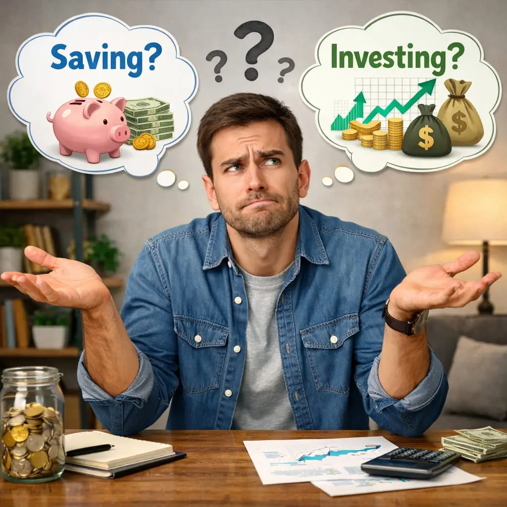 Comparison of saving and investing showing safe savings accounts versus investment growth options like stocks and funds for wealth building