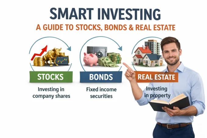 Smart investing guide showing stocks bonds and real estate investment options for diversified portfolio growth and financial planning