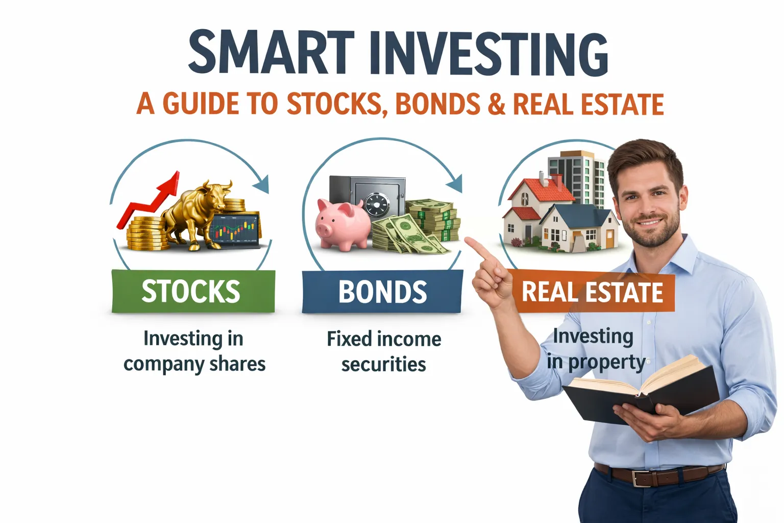 Smart investing guide showing stocks bonds and real estate investment options for diversified portfolio growth and financial planning