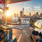 South Africa fuel price cut illustration with petrol pumps and oil price charts, highlighting a R3 reduction that signals a massive global oil shock and shifting energy market dynamics.