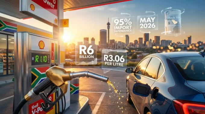South Africa fuel price cut illustration with petrol pumps and oil price charts, highlighting a R3 reduction that signals a massive global oil shock and shifting energy market dynamics.