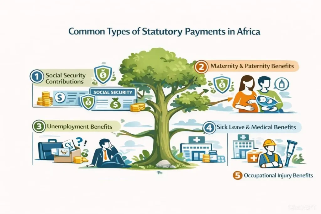 Common statutory payments in Africa showing NHIF NSSF PAYE and other mandatory contributions required for employee benefits and payroll compliance