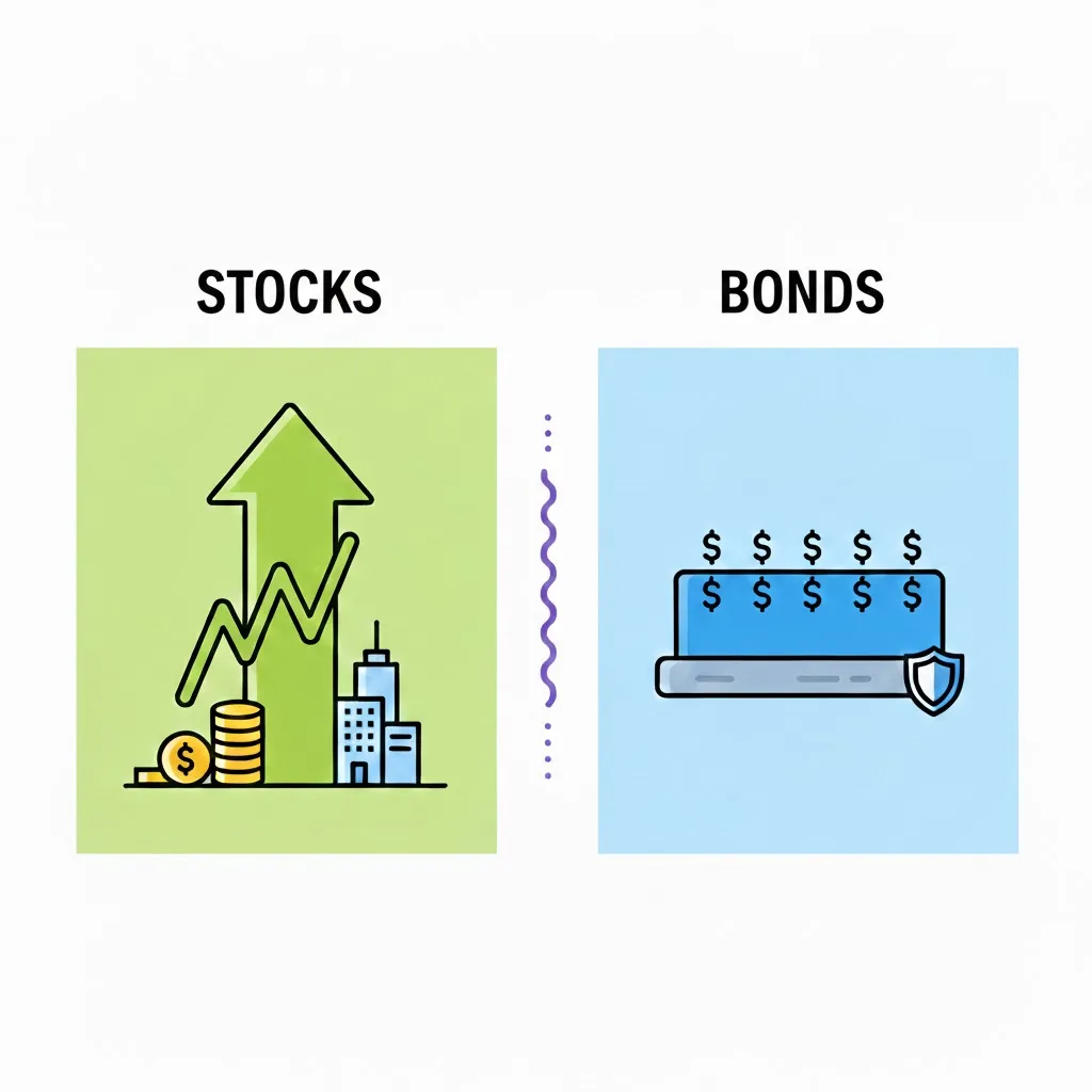 Stocks and bonds investment comparison showing equity ownership, fixed income returns, and risk levels for portfolio diversification