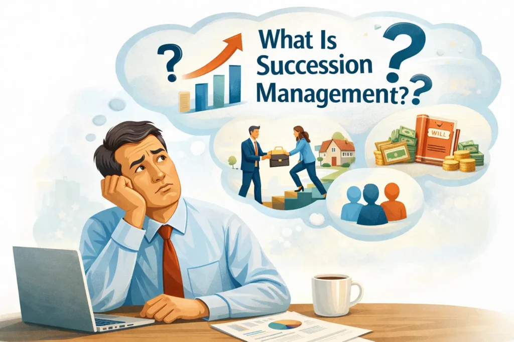Succession management definition showing planned transfer of assets and leadership for business continuity, inheritance planning, and estate organization