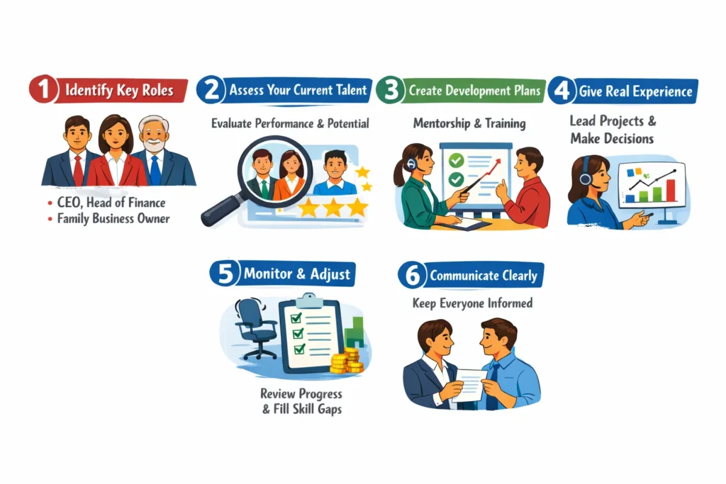 Six step succession planning guide showing asset listing, beneficiary selection, legal structuring, documentation, tax planning, and estate execution process