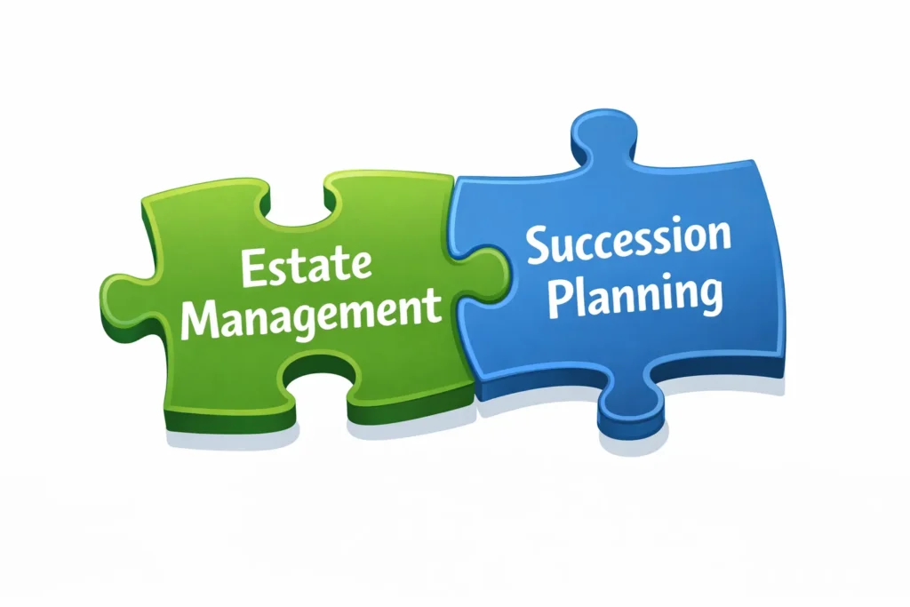Connection between succession planning and estate management showing asset distribution, inheritance structure, and long term wealth organization strategy