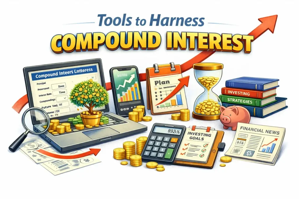 Tools to harness compound interest showing savings accounts investment portfolios and retirement plans used to grow wealth through reinvested returns