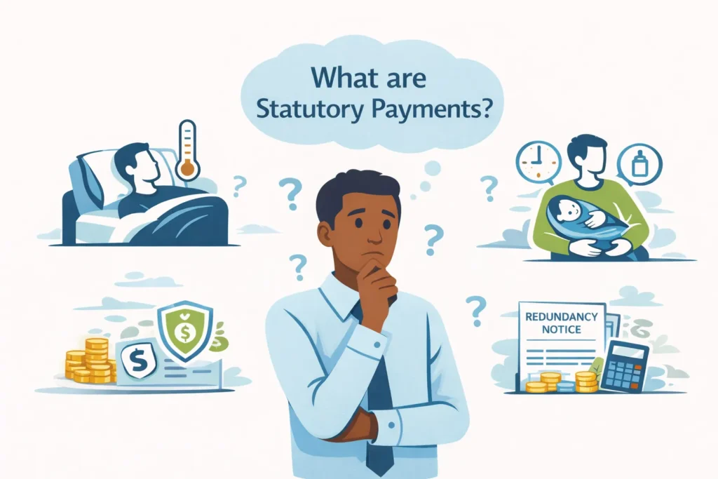 Statutory payments definition showing mandatory employee benefits, payroll obligations, and legal compliance requirements set by government regulations
