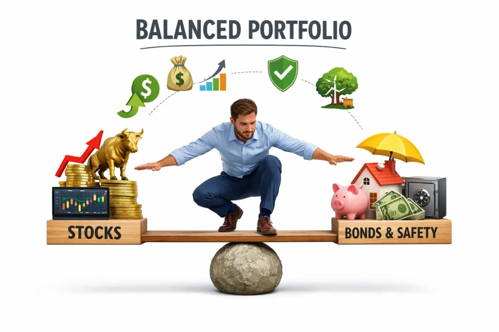 Importance of balancing an investment portfolio showing risk reduction, stable returns, and long term growth through diversified asset allocation