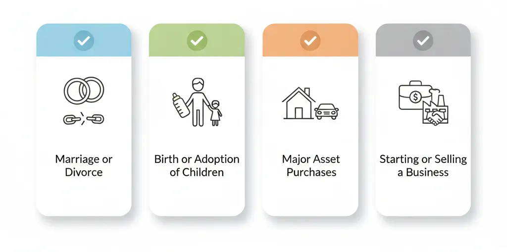 Regular will review and update process showing estate plan maintenance, legal document updates, and beneficiary changes over time