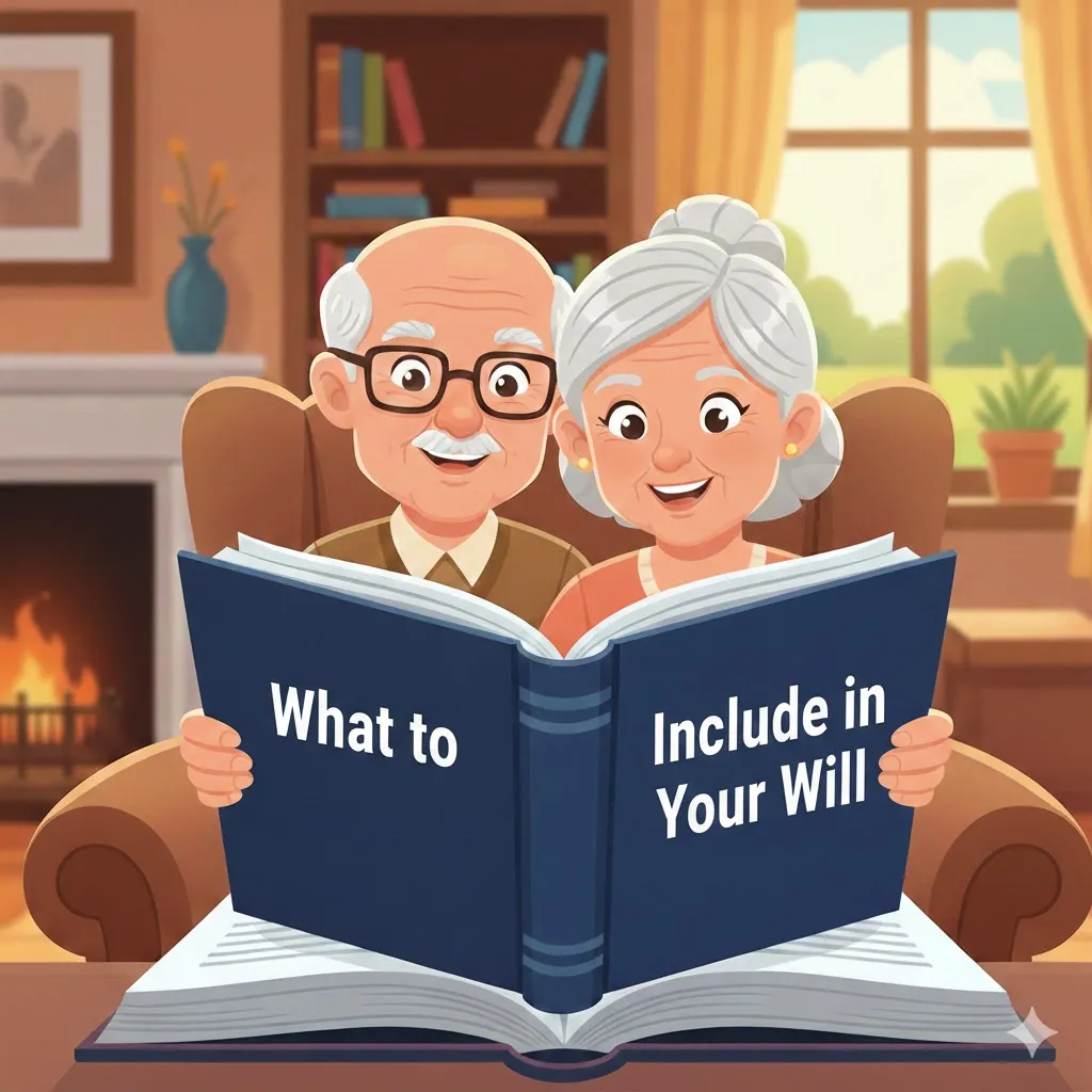Key components of a will showing asset listing, beneficiary designation, guardianship instructions, and estate distribution planning details