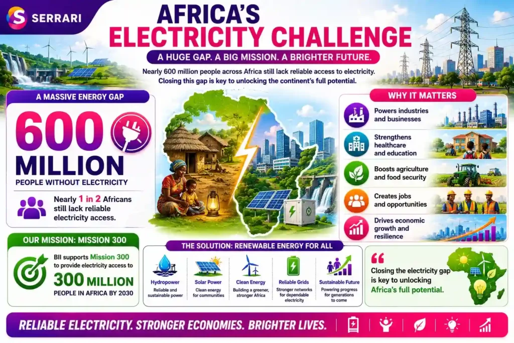 British International Investment highlighting Africa’s electricity access gap and energy infrastructure challenges affecting development and economic growth potential