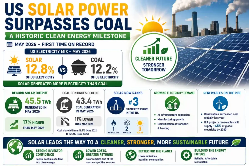 US solar power surpasses coal for the first time, generating 12.8% of electricity compared to coal’s 12.2% share in May 2026.