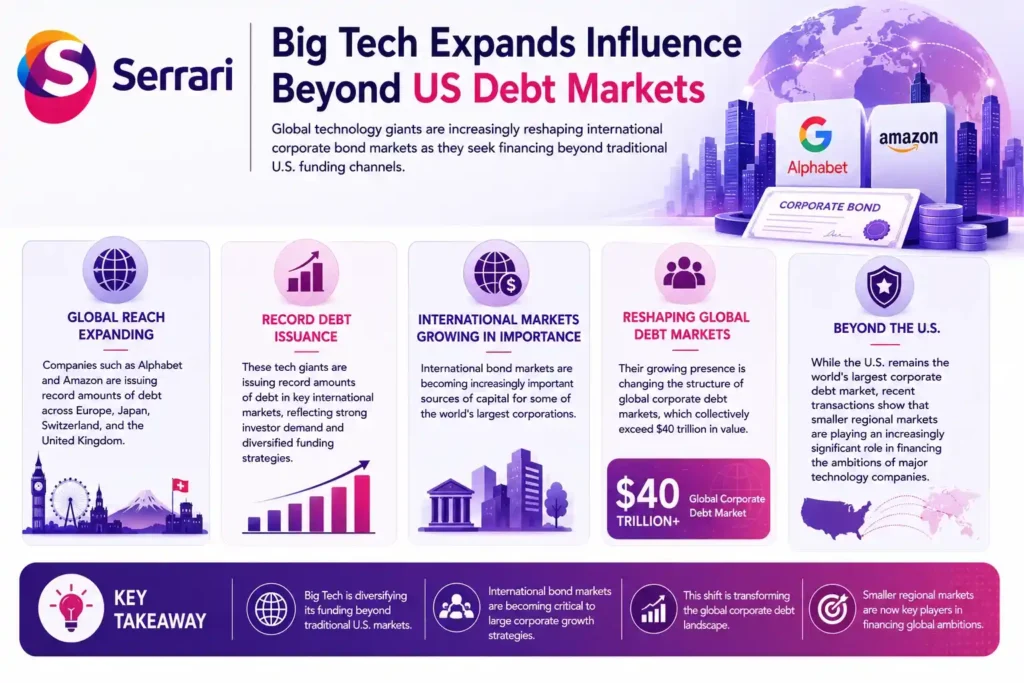 Infographic showing how major technology companies such as Alphabet and Amazon are increasingly raising debt in international bond markets, helping reshape the global corporate debt market valued at over $40 trillion. 