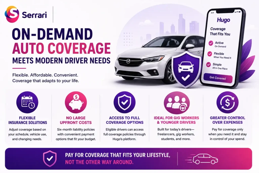 Benefits of on-demand auto insurance, including flexible coverage options, no large upfront costs, access to full coverage policies, suitability for gig workers and younger drivers, and greater control over insurance expenses through pay-as-you-go coverage solutions.