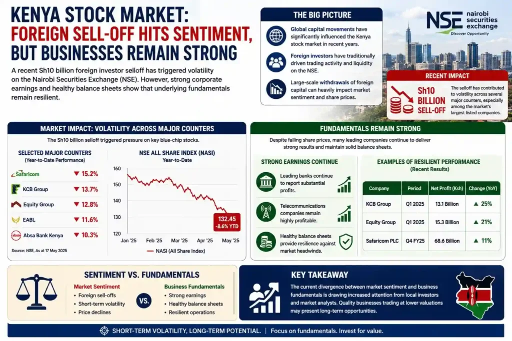 The impact of a KSh 10 billion foreign investor selloff on the Nairobi Securities Exchange (NSE), highlighting increased market volatility and weaker sentiment despite continued strong earnings, healthy balance sheets, and resilient operational performance among leading Kenyan banks and telecommunications companies, underscoring the growing divergence between market sentiment and business fundamentals.