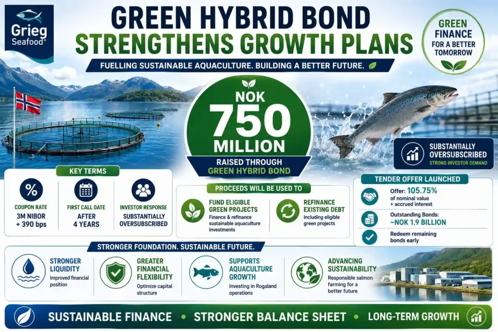 Grieg Seafood raises NOK 750 million through an oversubscribed green hybrid bond to strengthen liquidity, support sustainable aquaculture investments, and advance long-term growth plans.