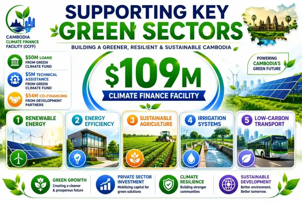 Cambodia’s climate finance facility supports renewable energy, agriculture, and green transport.
